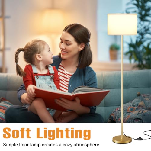 Image of Ambimall 60'' Modern Floor Lamp with Shade, Tall Lamps for Living Room, Bedroom, Office, Dining Room, White Shade with Gold Pole(Without Bulb)