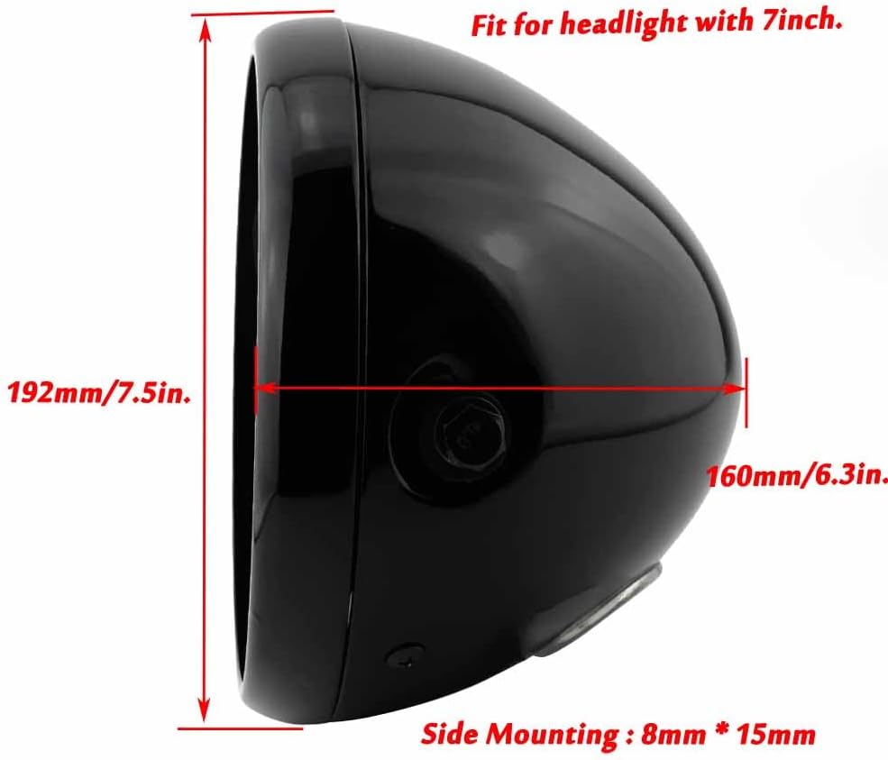 Motorcycle 7" Headlight Housing Shell Bucket Side Mount Lamp LED Cover for Cafe Racer Lighthouse Gloss Black