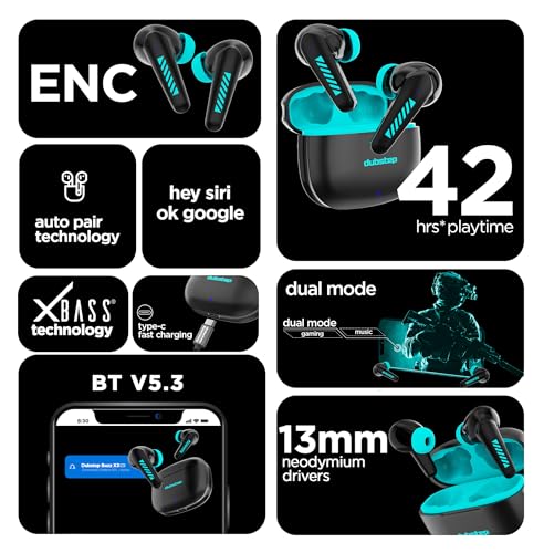 Image of Dubstep Buzz X3 in-Ear Wireless Earbuds with Upto 42 hrs Playtime, 13mm Dynamic Drivers, X-Bass Technology, ENC, Clear Calls TWS Earbuds, Bluetooth V5.3 Earphones, Type-C Fast Charging (Black /Blue)