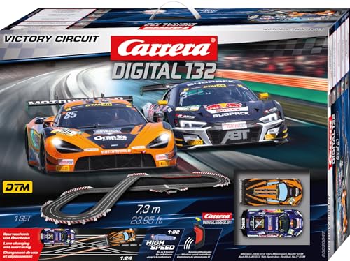 Image of Carrera Digital 132 Victory Circuit 1:32 Scale 7.3 Metres With McLaren 720S GT3 Dörr Motorsport No85 and the Audi R8 LMS GT3 Abt Sportsline Kelvin vd Linde No3, UK Plug Version