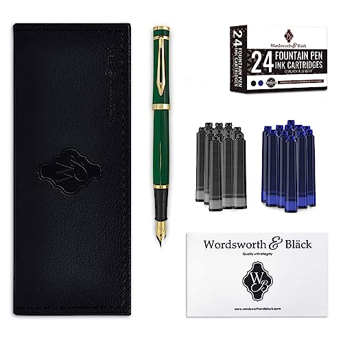 Wordsworth & Black Fountain Pen Set, 18K Gilded Medium Nib, Includes 24 Pack Ink Cartridges, Ink Refill Converter & Gift Box, Gold Finish, Calligraphy, [Racing Green], Perfect For Men & Women #TOP1