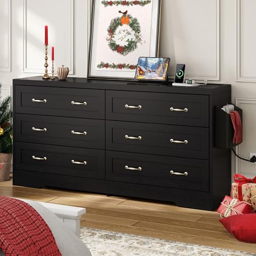 DWVO 59" W 6 Drawers Dresser, Large Chest of Drawers, Black Retro Wood Rattan Dresser with Large Rattan Drawers, Storage Organizer Unit with Dual Tip-Resistant Kits for Living Room