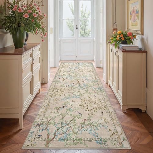 jinchan Yarden Beige Botanical Birds 3x8 Runner Rug for Hallway - Washable Non-Slip Soft Nature Plants Modern Runner Carpet Vintage Ultra-Thin Low Pile Rug for Entryway Living Room Laundry