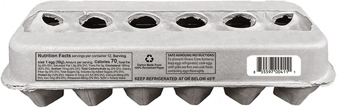 Blank 12-Egg View Style Paper Pulp Egg Carton with Nutrition Facts, Safe Handling Info, UPC 50 Pack