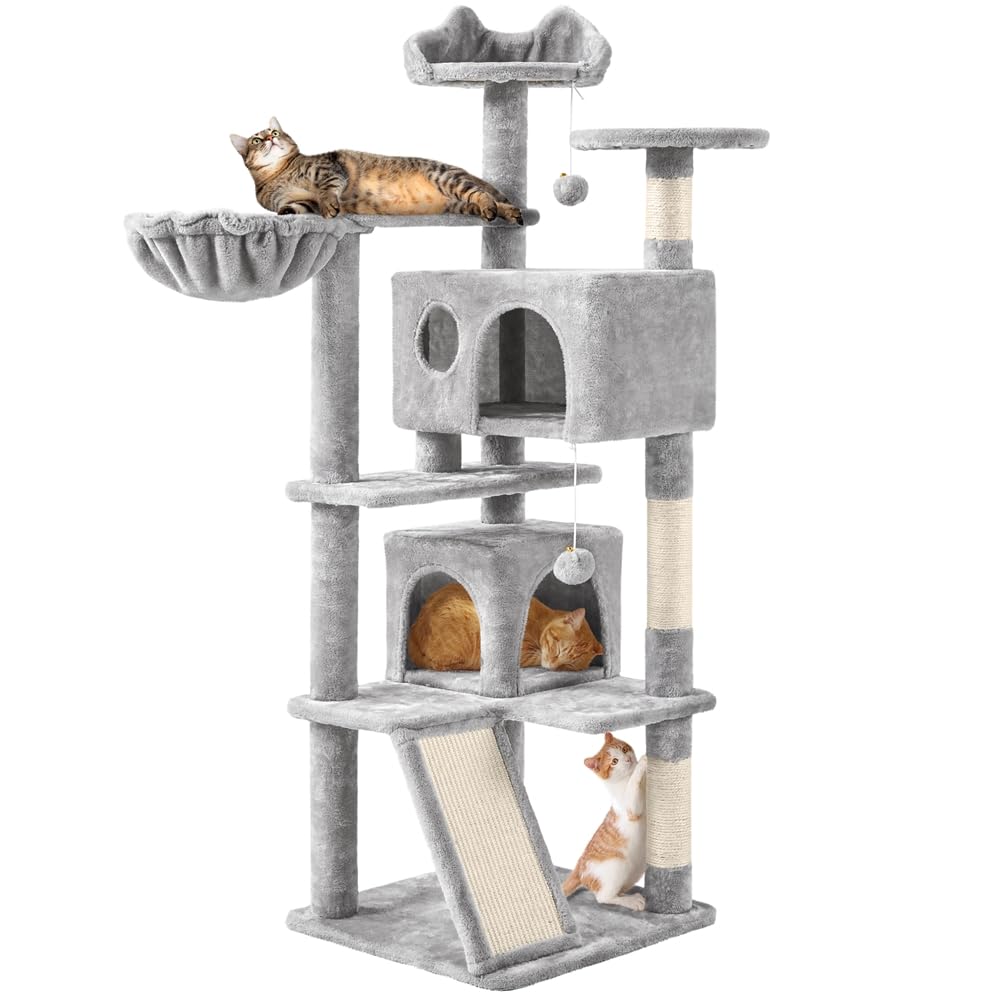 Yaheetech Albero Tiragraffi per Gatti Gioco Giocattolo per Gatti in Sisal Naturale 49 x 49 x 144,5 cm Grigio Chiaro | Torre a più livelli con rampa graffiatoio e 3 pali in sisal, 2 casetta, 2 palline appese e 1 cesto, giochi gatti da interni