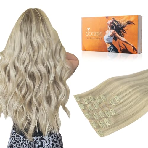 Image of DOORES Clip in Hair Extensions Real Human Hair, Ash Blonde Highlighted Platinum Blonde 130g 7pcs 18 Inch Clip in Virgin Extensions Invisible Edge Remy Silky Weft