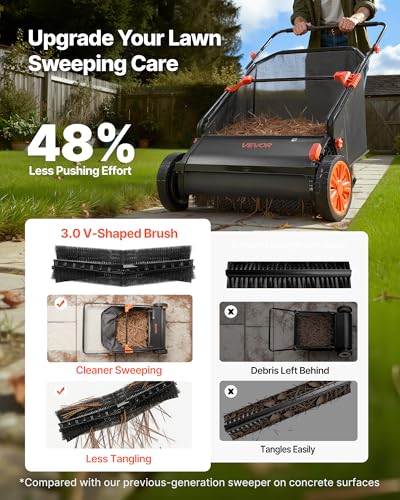 Image of VEVOR Push Lawn Sweeper, 26 in Leaf & Grass Collector with 7 cu. ft. Hopper Bag, Adjustable Brush Height & Spinning Brushes, Heavy Duty Yard Sweeper with Rubber Wheels for Leaves Grass Cleanup