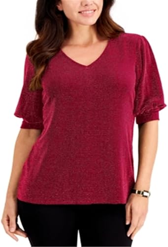 JM Collection Camiseta de manga abombada para mujer color rojo talla L Rojo L