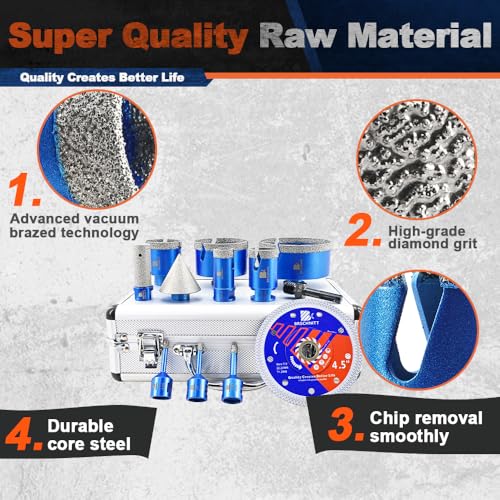 Image of Diamond Hole Saw Kit - 12pcs Tile Drill Bit Vacuum Brazed | 1 /4 inch*2 5 /16 inch 1 inch 1-3 /8 inch 2 inch 3 inch 4 inch Core Drill Bits, Beveling /Milling Bit, Saw Blade, For Porcelain /Granite /Marble /Stone