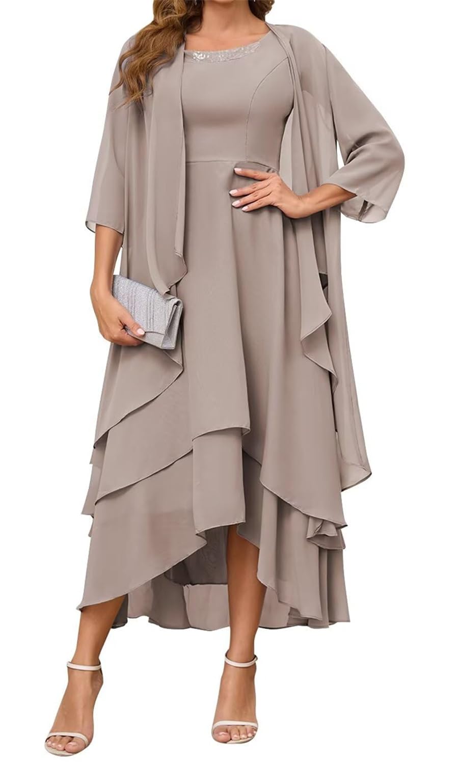 Yiann Women's Taupe Classy Mother Of The Bride Dresses Tea Length For Chiffon A Line Formal Dress With Jacket Uk14
