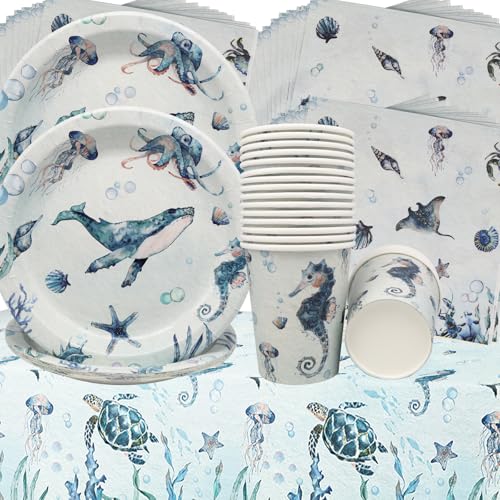 Doyomtoy Vaisselle de fête de l'océan,61 Pièces Océan Animaux Vaisselle Papier Set Assiette à...