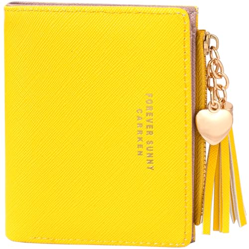 KOTORA Womens Small Wallet Girls Tiny Slim Wallets Pretty Mini Card Holder Thin Short Zip Coin Purse with Love Pendant and Tassels (Yellow)