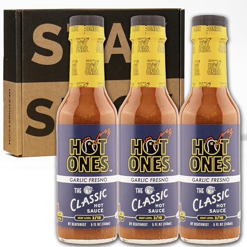 Image of Hot Ones The Classic Garlic Fresno Edition Hot Sauce Made With Natural Ingredients & Bold Flavors From Fresno Chile Peppers & Extra Garlic, 5 fl oz Bottle (3-Pack)