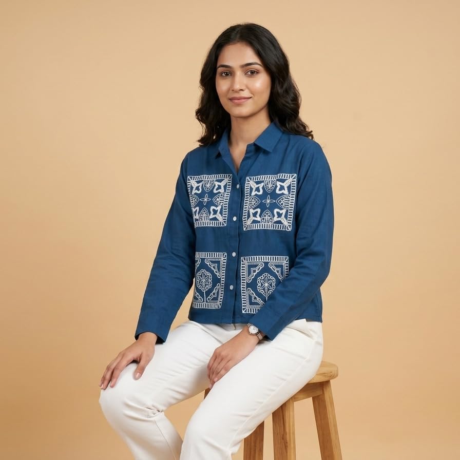 Image of Stylish Women's Embroidered Shirts | Geometric Pattern Half Sleeve Collared Button-Up Casual Shirt for Women