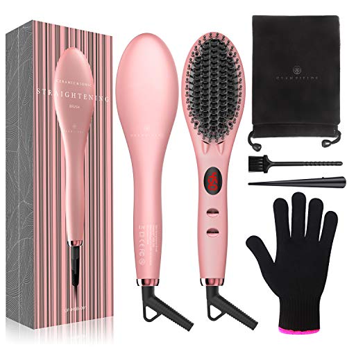 Ionic Straightening Brush, GLAMFIELDS Hair Straightener Brush With Anti-Scald, Anti Frizz, 30s Fast