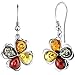 Sterling Silver Baltic Amber Multi Color Clover Leaf Drop Dangle Earrings Honey Cognac yellow and Olive Colors