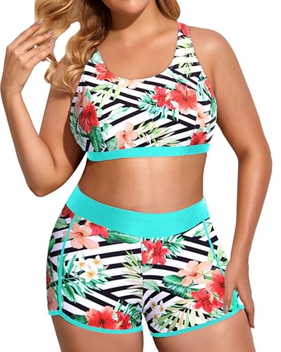 Image of Holipick Women Plus Size Swimsuits - Athletic 3 Piece Tankini with Shorts