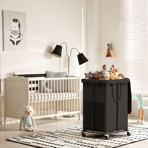 YKDIRECT 150L große Wäschekörbe mit Deckel, Wäschekörbe aus Oxford-Stoff, Metallrahmen und abnehmbare Tasche Design mit Rädern für Schlafzimmer, Bad, Schlafsaal, Waschküche (Schwarz-Deckel)