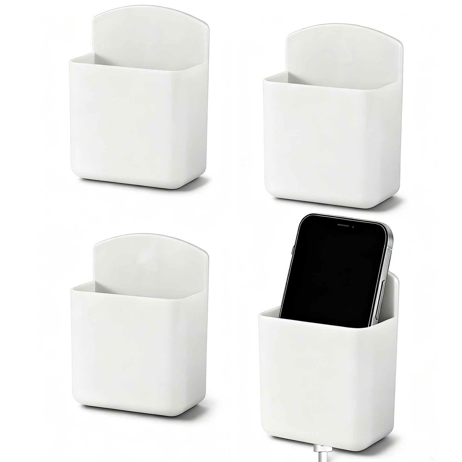 Remote Control Holder Wall Mounted, Self-adhesive Wall Storage Box, Phone Charging Rack Holder with Charging Port, Hanging Container for Remote Control Cellphone Toothpaste & More (White, 4 Pcs)