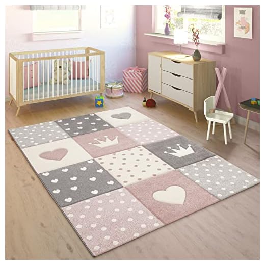 Paco Home Alfombra Infantil Pastel Cuadros Puntos Corazones Estrellas Blanco Gris Rosa, tamaño:120x170 cm