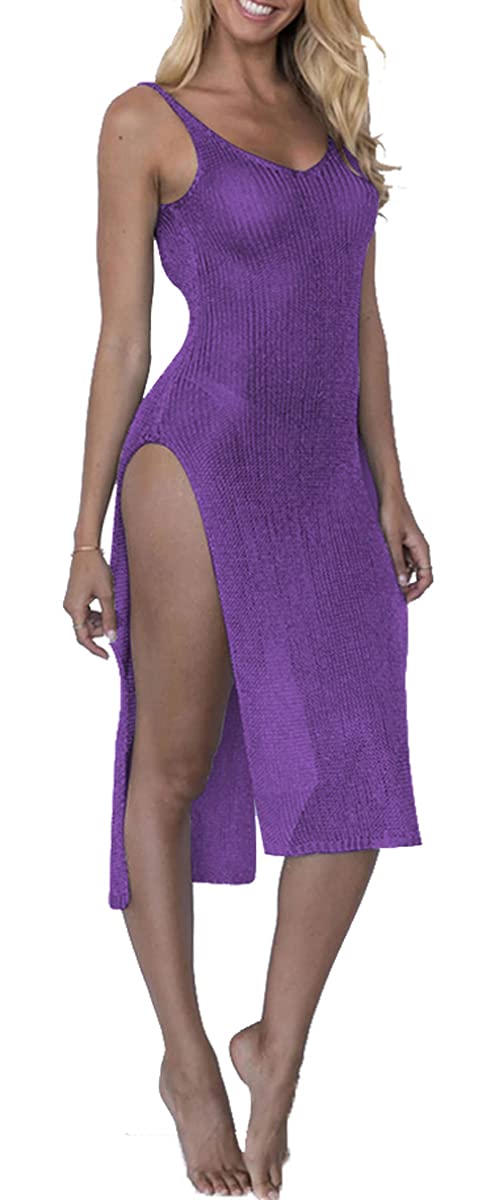 PerZeal Sexy senza maniche costume da bagno coprire Ups puro Crochet Plus Size Beach Bikini vedere attraverso costumi da bagno Maxi abiti, 5333viola, XX-Large