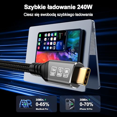 EUDOBEL USB C Kabel Thunderbolt 4 1m, Kabel USB C do transmisji danych 40 Gb/s, Szybkie ładowanie 240 W, Kabel wideo USB C 4K@144Hz 8K@60Hz do eGPU, Thunderbolt 5, Thunderbolt 3, MacBook, SSD, Switch