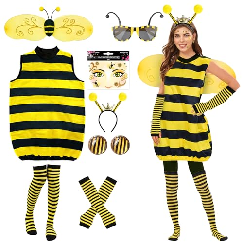 RoserRose Disfraz de abeja para mujer, disfraz de abeja, disfraz de abeja, disfraz de abeja, con alas, diadema, gafas, clip para la oreja, guantes, calcetines, para carnaval, fiesta (XXL)