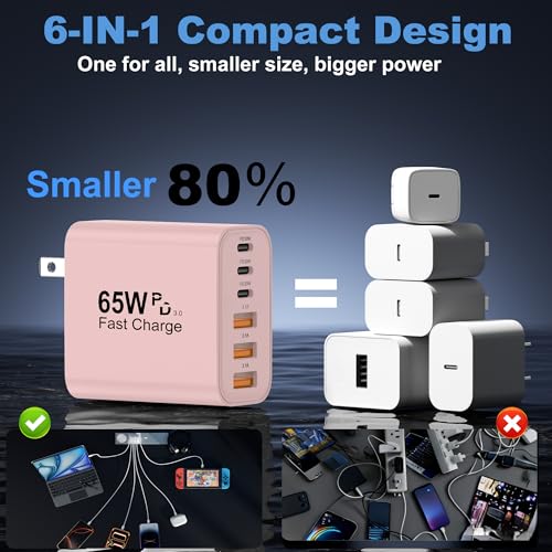 Image of USB C Charger Block, 2Pcs 65W 6-Port USB C Wall Charger for iPhone Charger Fast Charging PD Power Adapter+QC Wall Plug Multiport Type C Brick Chargers for iPhone 17 16 15 14 13 Pro Max XS,for Samsung