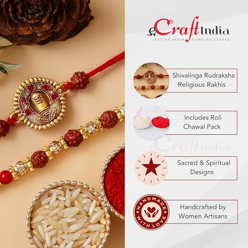 Image of eCraftIndia Set of 2 Light Blue Golden Premium Designer Rakhi for Brother Bhaiya Bhai | Roli Chawal Pack | Rakhi Combo