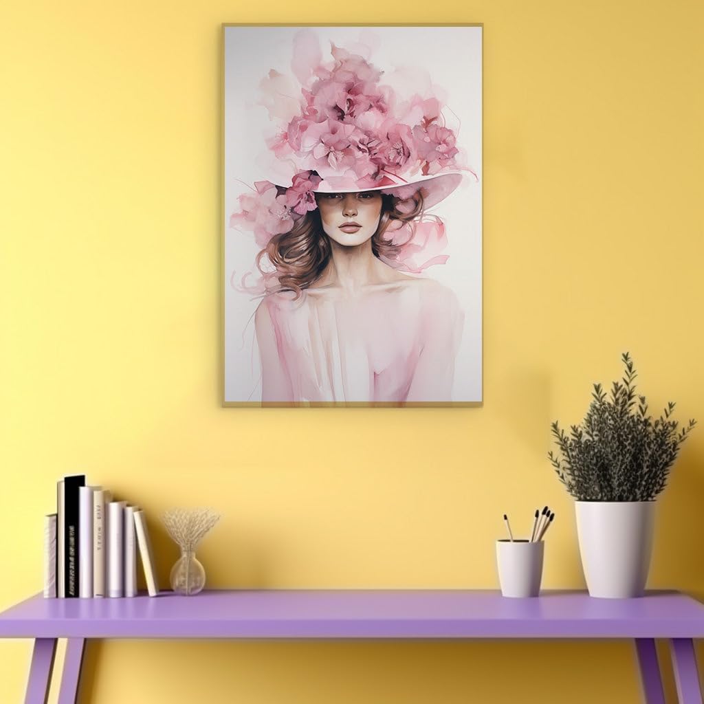 Canvas for Living room. Whimsical Elegance in Bloom - Unveiling the Enchantment of a Flower-Hatted Muse, 27 x 18 inch Canvas Wall Art - Contemporary Masterpieces - Botanical Home Decor