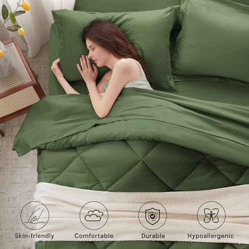 Anluoer King Comforter Set,Olive Green Bed in a Bag 7 Piece,Lightweight Bedding Set with Soft Down Alternative Fill,Bed Set Includes Comforter, Fitted Sheet, Flat Sheet,Pillowcases and Shams
