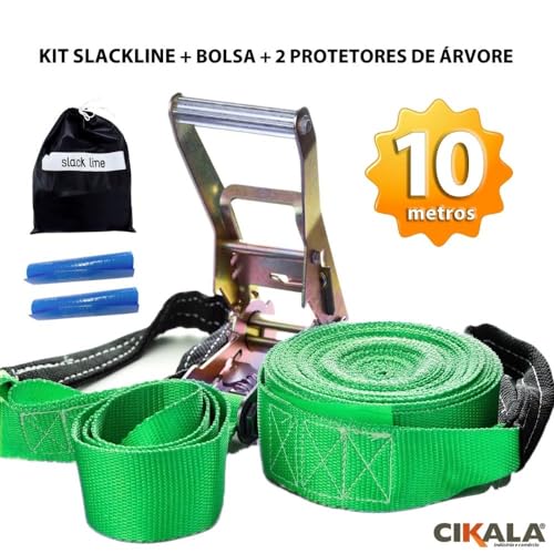 Slackline Verde + Cinta 10 metros Catraca + Alças + Protetores + Bolsa 2 Ton