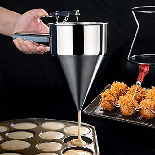 Stainless Steel Pancake Batter Dispenser With 2Pcs Ketchup Squeeze Bottle, Stirring Batter Separator Funnels With Handle & Rack, Waffle Batter Dispenser, Pancake Maker Cooking Tools #TOP3