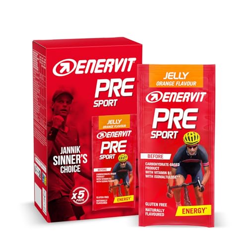 Enervit Pre Sport Naranja, Gelatina Energética, Para Utilizar Antes de la Actividad Física, Fórmula Innovadora con 25g de Carbohidratos, Vitamina B1, Sabor Naranja, Sin Gluten, Vegano, 5 Pack de 45g