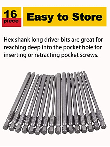 Rocaris 16 Pack 1/4 Inch Hex Shank Long Magnetic Screwdriver Bits Set 4 In Power Tools(Slotted+Cross+Hex+Plum Blossom） #TOP4