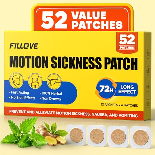 Image of FILLOVE 52ct Motion Sickness Patches Non-Drowsy, 72H Lasting Sea Sickness Patches Cruise Essentials 2026, 100% Natural Motion Sickness Patch Travel Essentials for Car Airplane Ship Altitude Sickness