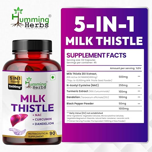 Image of Humming Herbs Milk Thistle supplement 1140mg Liver Support Formula with NAC, Curcumin, Dandelion and Black Pepper - 90 Veg Capsules, Bioavailable Detox Supplement