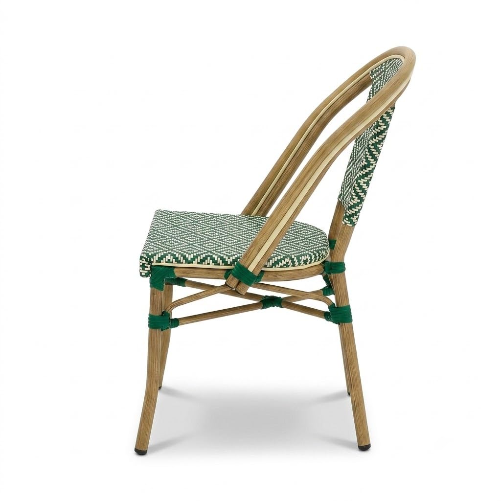 Chaise Bistrot Extérieur Intérieur Empilable – Structure Aluminium Aspect Bambou – Assise et Dossier en Textilène Tressé – Style Terrasse de Café Parisien – Jardin, Balcon, Restaurant (Vert+Beige)