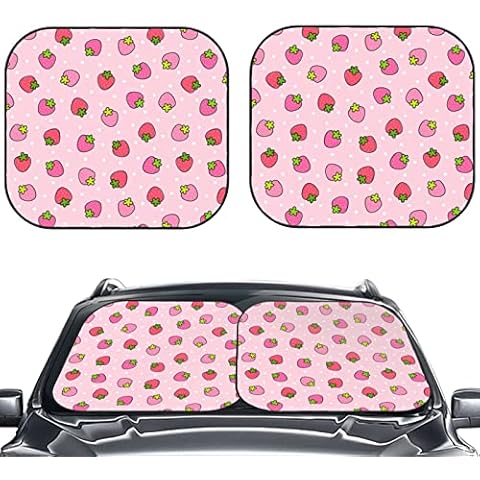 KiuLoam 2 Piece Car Windshield Sun Shade, Cute Strawberry Pink Print Sunshades Sun Visor Protector Blocks UV Rays Foldable Keep Your Vehicle Cool for Most Sedans SUV Truck, Medium Cover