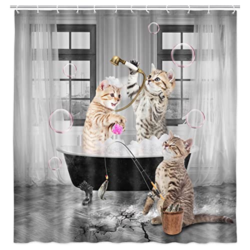 bzwcbei Funny Cat Shower Curtain, Fun Animal in Bathtub with Fish Fabric Shower Curtains, Hilarious Pet Bathroom Curtain Liner with Hooks 48x70inche