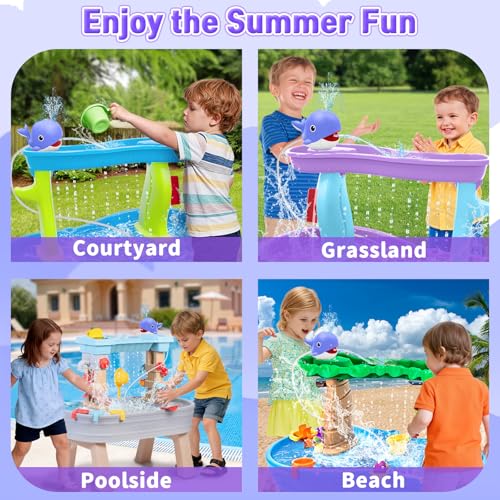 Image of Infowush Water Table Pump, Whale Rechargeable Water Pump for Water Table with Sprinkler, 3.5 Hours Non-Stop Fun Summer Outdoor Water Toys Outside Water Play Table Accessories for Kids Toddlers, Purple
