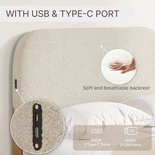 KISLOT Wood Bed Frame with USB & Type-C, Boucle Headboard, Oat, King by KISLOT - Used condition - Image 5