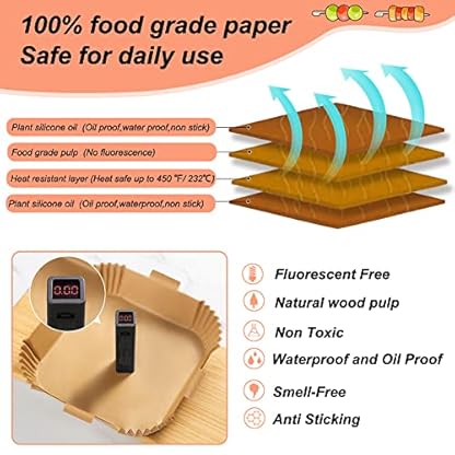 YQL 100 Stück Backpapier für heißluftfritteuse 3,5L-6L, Quadrat Backpapier Airfryer 16,5cm für Ninja AF140EU/SL300EU, Phillips, Tefal Easy Fry, COSORI XXL, MEDION XL, Russell Hobbs Heißluftfritteuse – Bild 4