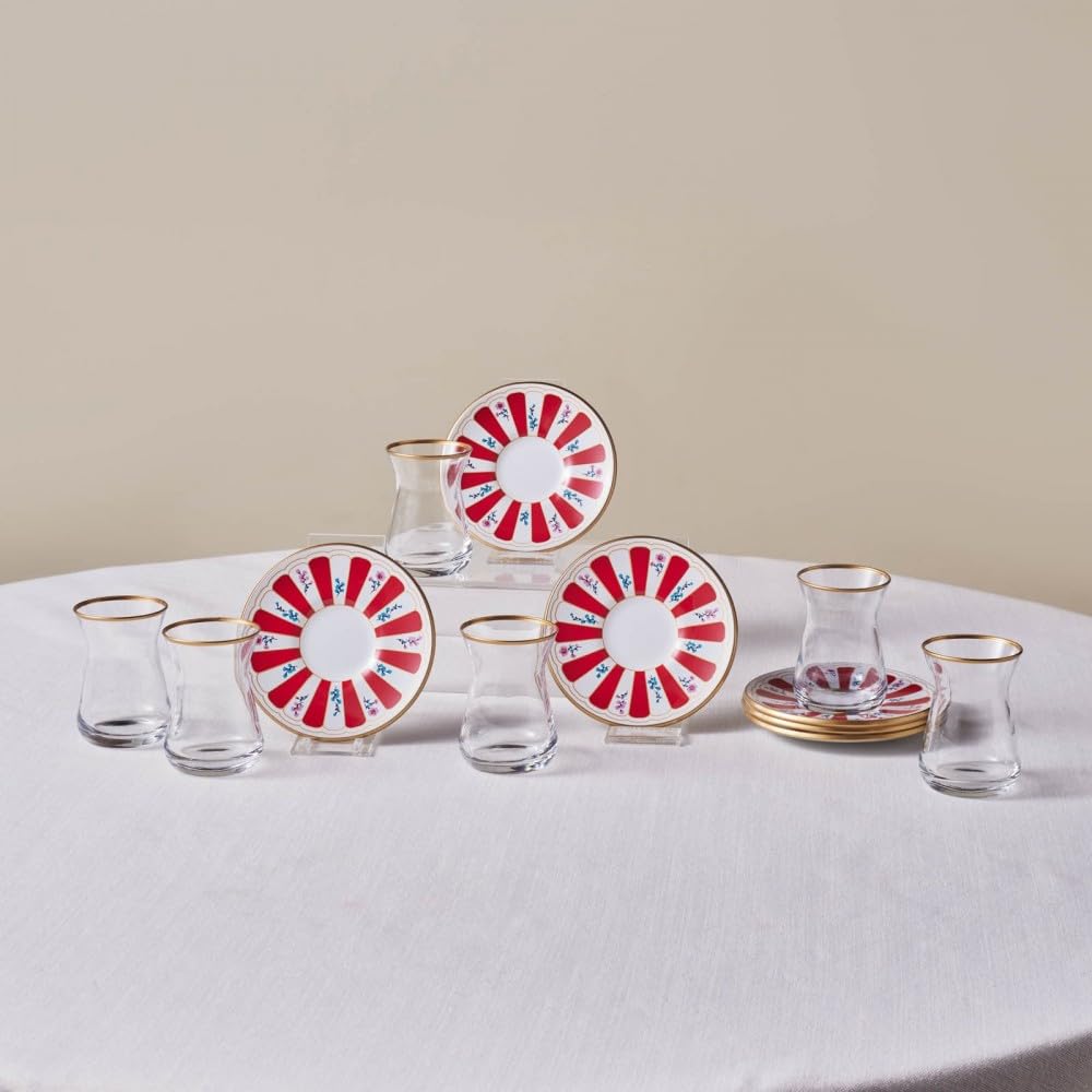 KARACA Bursa Turkish Tea Glasses Set, 12-Piece Tea Glass, Tea Set for 6 People (Cay Bardagi Set), Tea Glasses with Traditional Design in Red, Red Plate with Fine Details