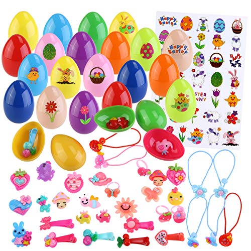 Toy Filled Easter Eggs Easter Party Favors, Included 36pcs Eggs, 36pcs Toys (Hair Ties, Hair Clips ect ), Easter Sticker