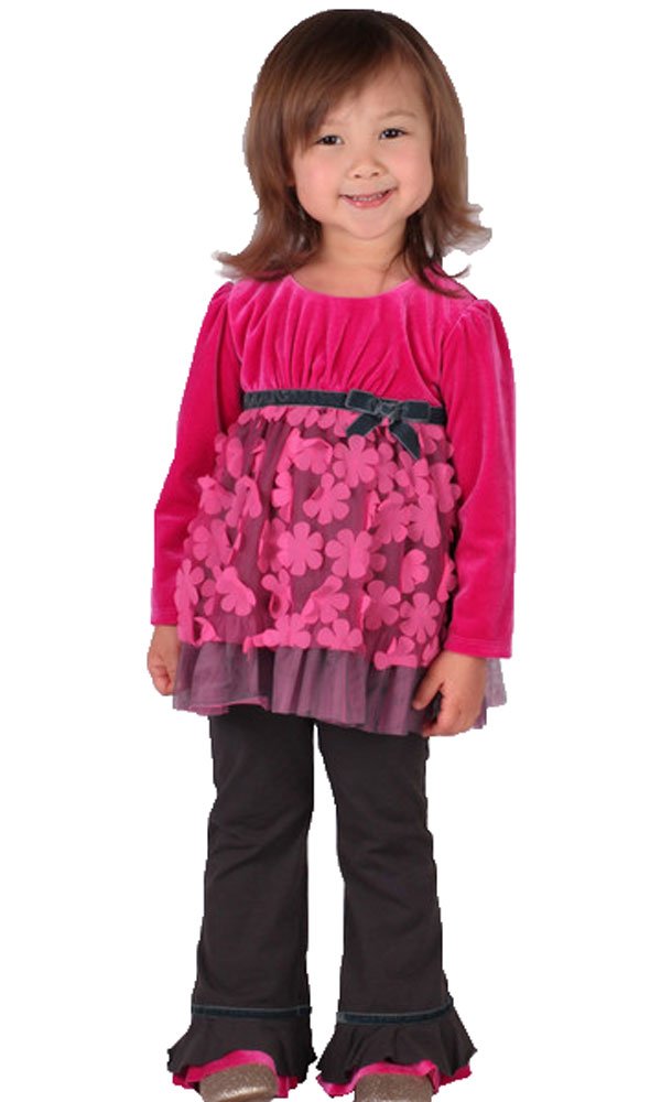 Baby Girls Sweet Tart Velvet Flower Mesh Pant Set, 24 Mos, Fuchsia