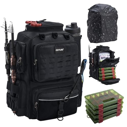 Goture 45 L Sac de pêche Dos Souple et résistant à l'eau, Livré avec Deux Porte-Cannes et Une Housse de Pluie avec Quatre boîtes à appâts et 8 Poches à appâts Cadeaux de pêche pour Hommes