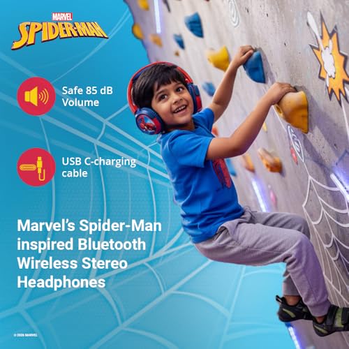 Image of Marvel Spider-Man Kids Bluetooth Stereo Headphones with Mic | Swivel & Foldable Cups | Kids Safe 85dB Volume | Soft Padded Earcups | Aux Input | 22H Playtime|Voice Assistant|Perfect for Boys|Ages 5-16