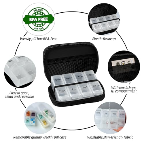 Image of Pill Case Weekly Travel Pill Organizer for Purse with Removable 7 Day Pill Box Premium Neoprene Pill Container for Travel Purse Accessory, Vitamin, Supplement, Small Pieces Arrangement-Elegant Black