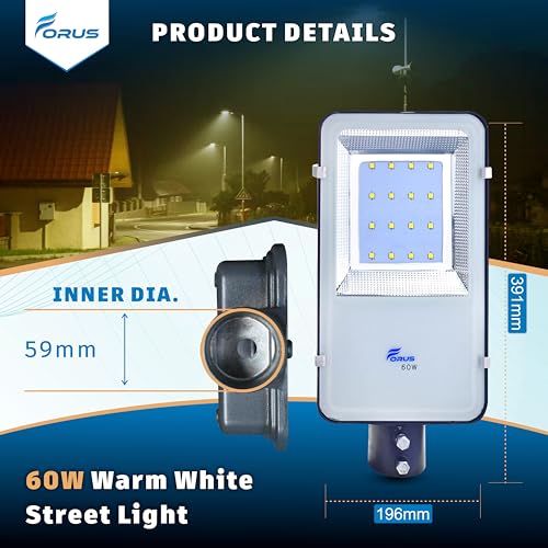 Image of Forus 60W LED Street Light Warm White - IP66 Waterproof Outdoor Lighting Fixture, Energy Efficient Road Lamp with 5-Year Warranty for Street, Garden, Parking Lot, Highway, Backyard - 1PC
